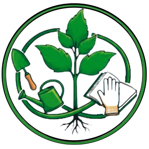 Eco-friendly gardening logo with plant, watering can, trowel, and gloves.