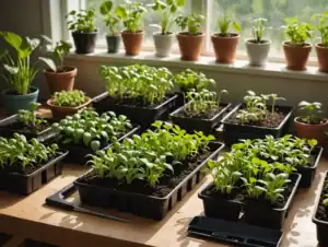 Seed starting trays with young vegetable seedlings for spring planting.